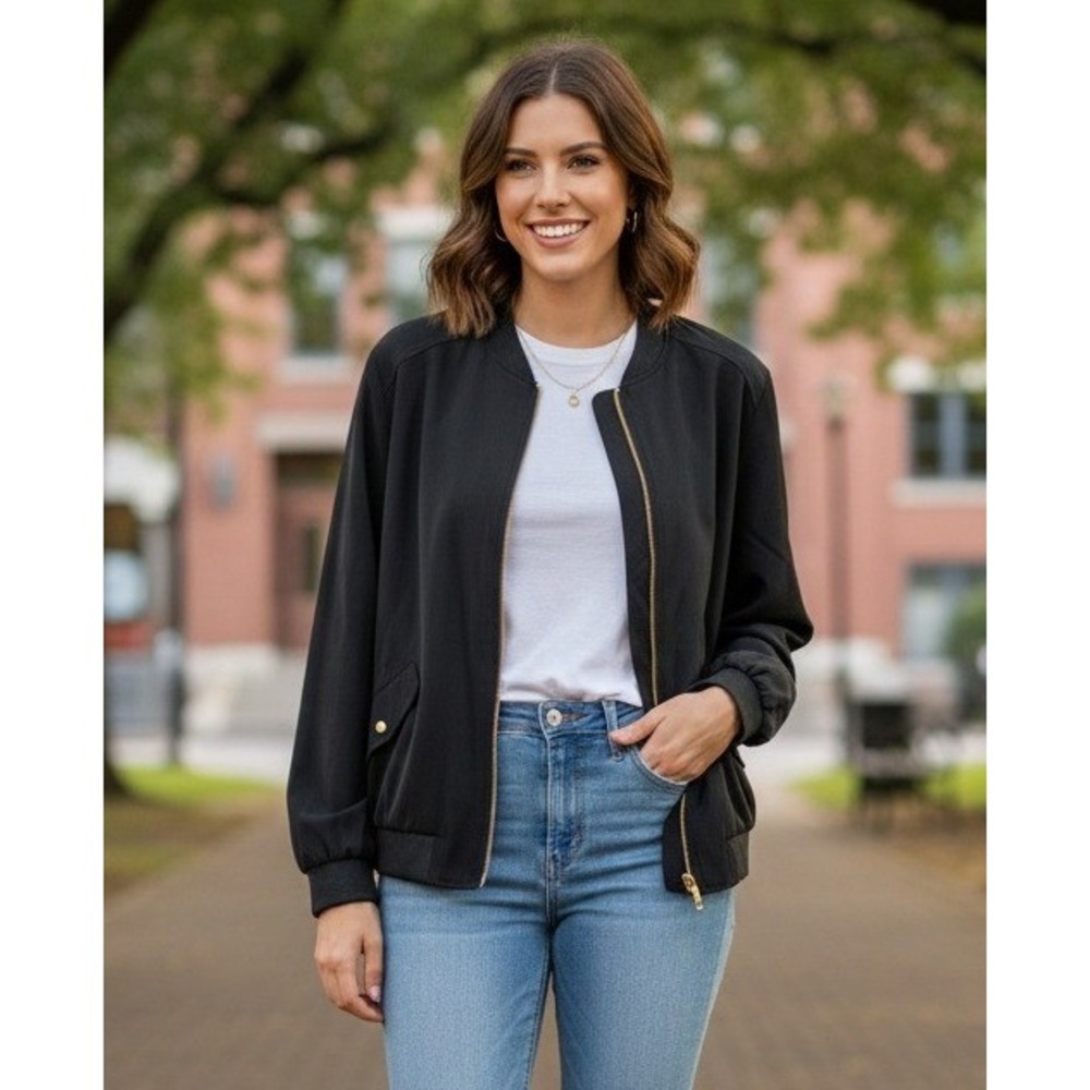 Susan Graver Bomber Jacket Gold Zip Front Women's Large Black Houndstooth Lined